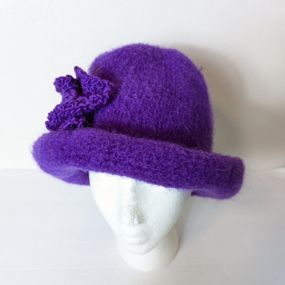 Handmade Boho‎ Bucket Hat Knit Flower Curled Brim Purple Retro Old Timey Vintage